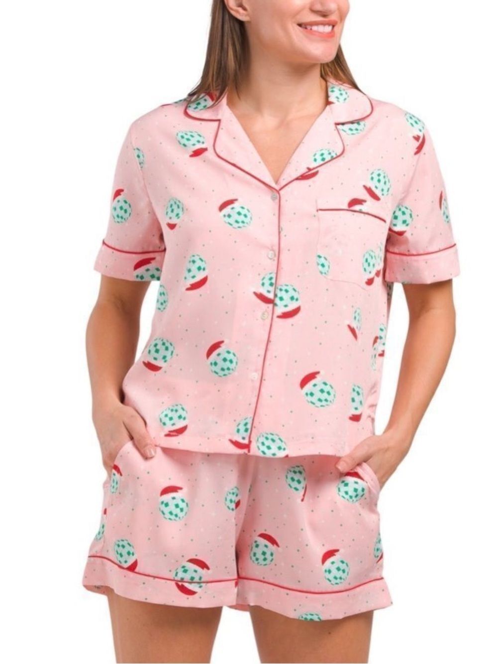 JINGLES & JOY SML Pink Disco Ball Christmas Hat Notch Collar Shorty PJ Set